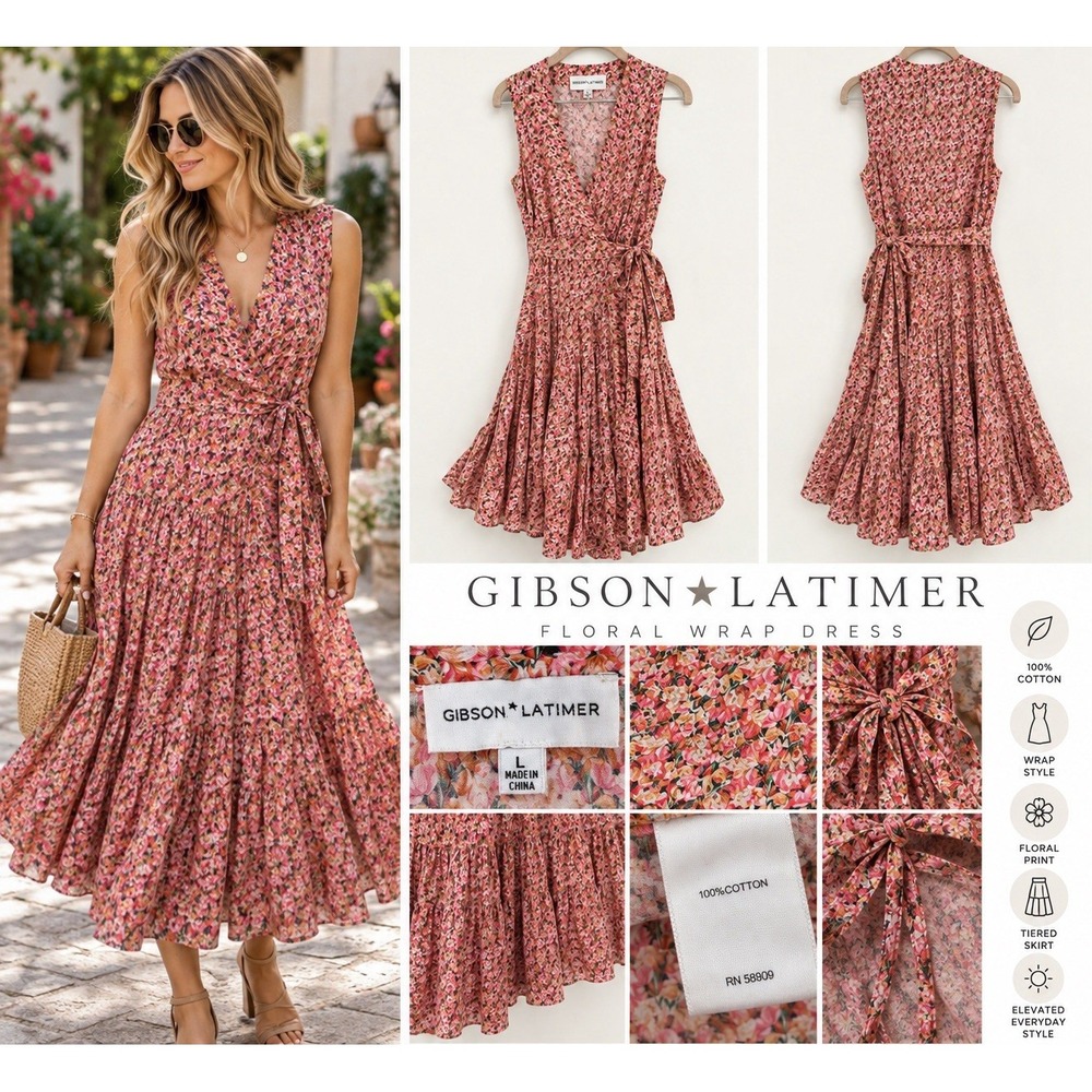 Gibson Latimer L Pink Floral Cotton Wrap Midi Dress Cottagecore Tiered Boho Maxi
